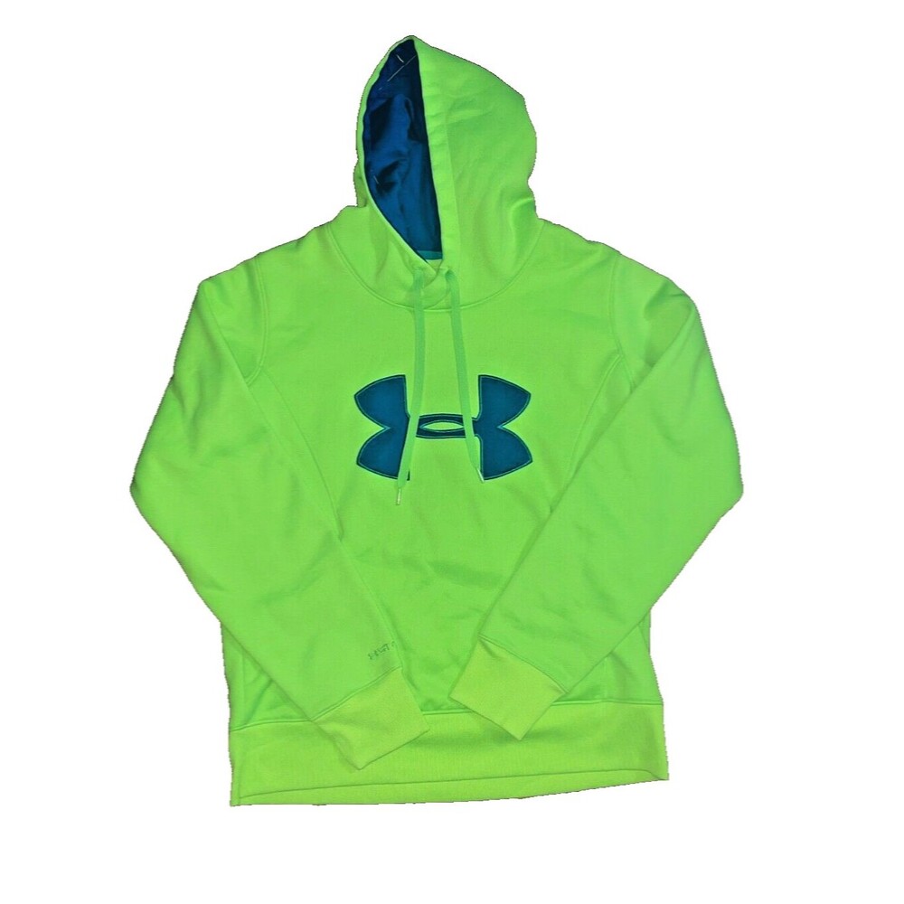 youth size medium neon green underarmour sweatshirt with blue logo and hood